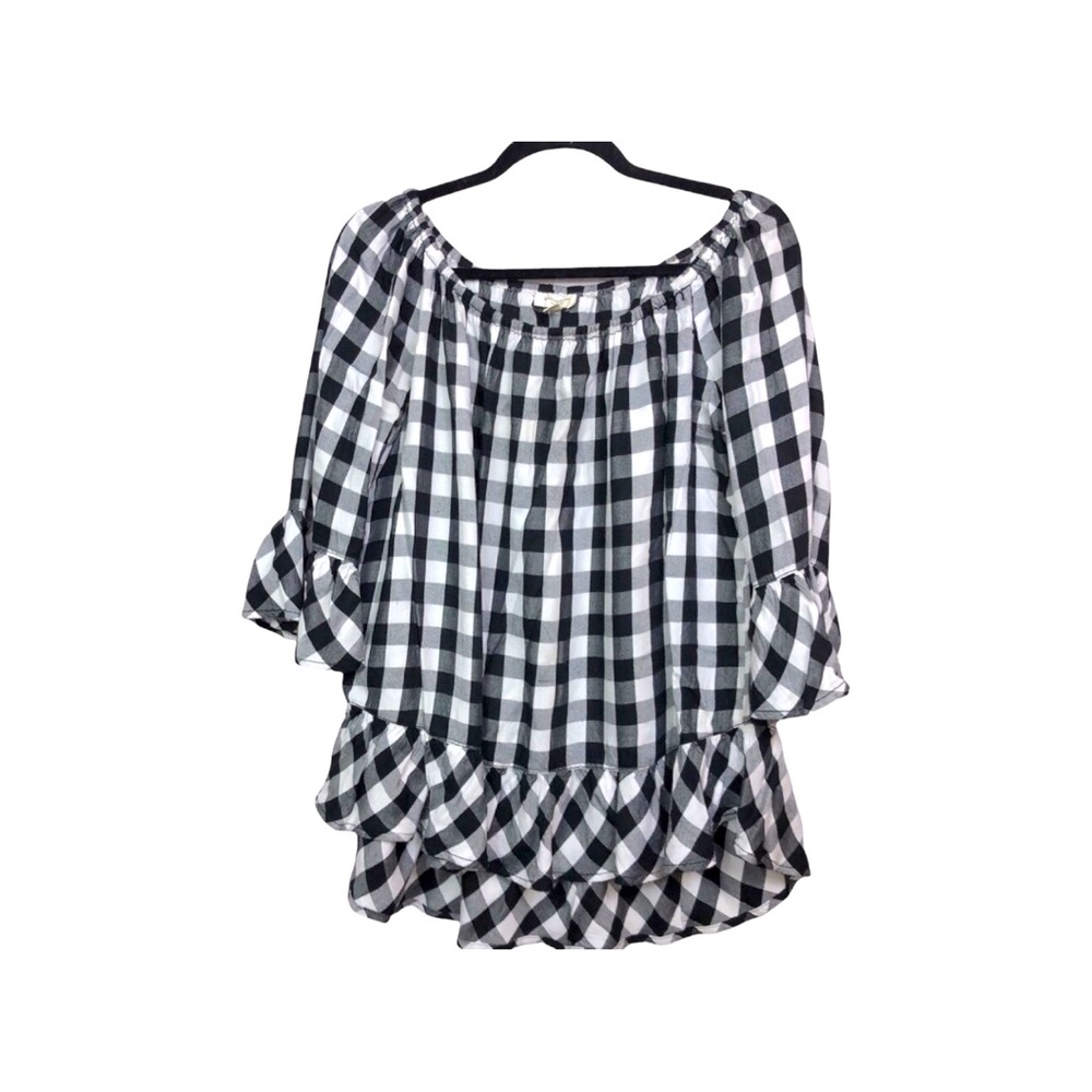 Beachlunchlounge  Women’s Plaid  Black White Bell Sleeves Ruffle Hemline Large